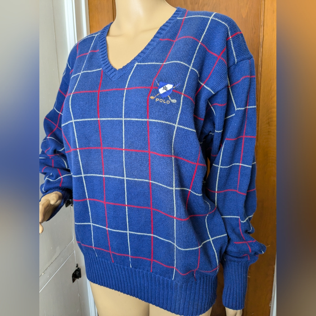 Polo Ralph Lauren Blue V-Neck Cotton Sweater With Thin White & Red Stripes Large